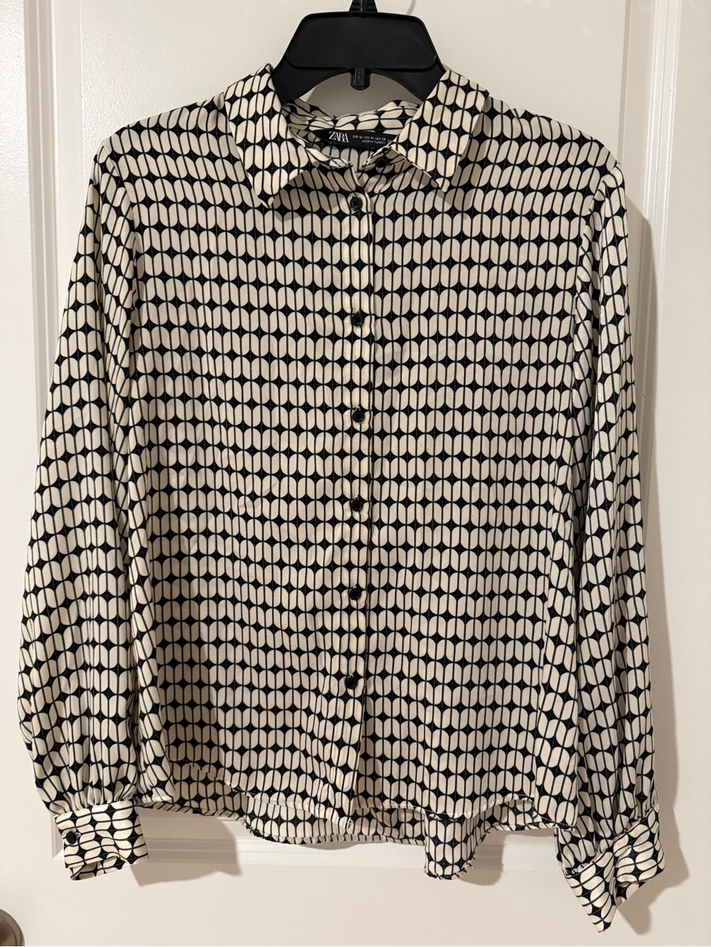 ZARA Black and Cream Geometric Button-Front Blouse